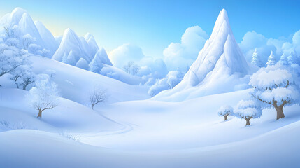 A serene winter landscape with snow-covered mountains, trees, and a winding path.