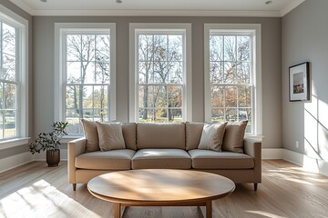 Modern Scandinavian interiors in the living room with windows visible and sofas and tables. Generative AI
