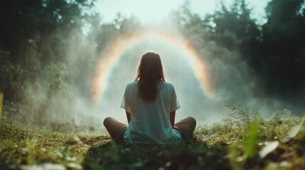 Obraz premium A person meditates facing a vibrant rainbow in misty woods, encapsulating tranquility, inner peace, and the harmony between nature and human spirituality in serene splendor.