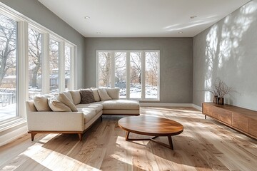 Modern Scandinavian interiors in the living room with circular tables and sofas. Generative AI
