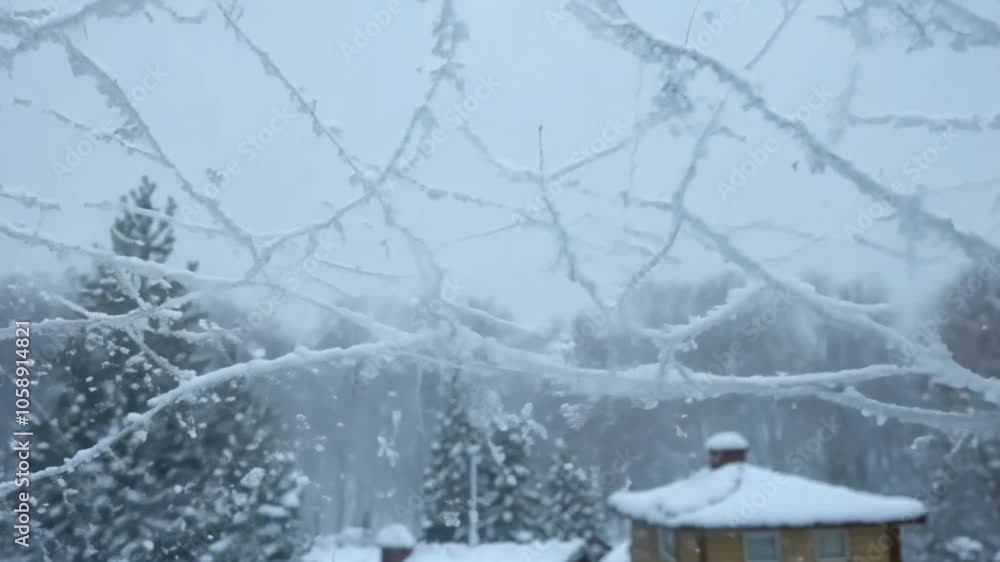 Poster snowy branches frame a small building in a wintry scene.