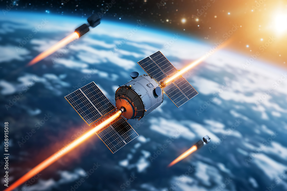 Poster futuristic satellite technologies a multipanel visualization of orbital mechanics and space explorat