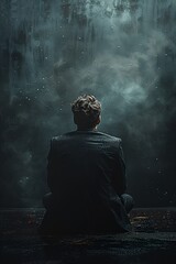 A mysterious man in a suit sits alone in a dark, smoky environment, creating a dramatic and contemplative atmosphere.