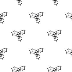 Simple vector black and white hand drawn New Year pattern with Christmas mistletoe. Endless holiday background for wrapping paper, decoration, print, banner