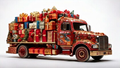 A truck loaded with Christmas presents and decorations isolated centrally with plain white background. Graphic design illustration resource with copy space and no people. delivery and logistics
