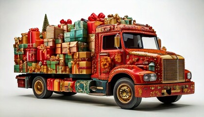 A truck loaded with Christmas presents and decorations isolated centrally with plain white background. Graphic design illustration resource with copy space and no people. delivery and logistics