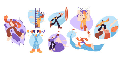 Finance winner. Sport victory. Business target. Characters overcome obstacles. Work success. Puzzle solution. Leadership and growth achievement. Leaders award. Climbing ladder. Vector concepts set