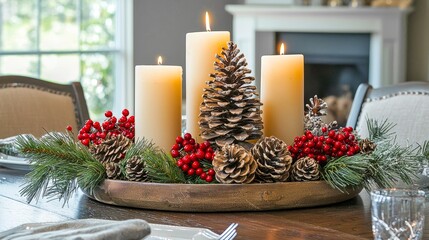 Elegant Christmas Centerpiece with Candles Pine Cones and Berries