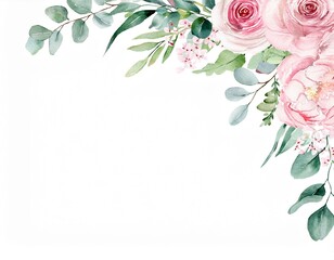 Watercolor floral illustration. Pink flowers and eucalyptus greenery bouquet. Dusty roses, soft light blush peony - border, wreath, frame. Perfect wedding stationary, greetings, fashion, background