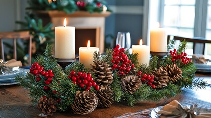 Elegant Christmas Centerpiece with Candles Pine Cones and Berries