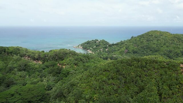 drone fly above tropical jungle green palm tree vegetation approaching the sea coastline in La Digue Island, Seychelles archipelago Indian Ocean