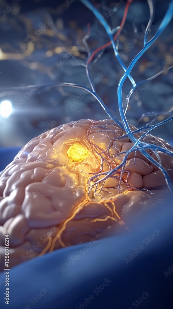 Poster Detailed 3D model of a brain with highlighted surgical incision areas and key neural pathways with copy space for text