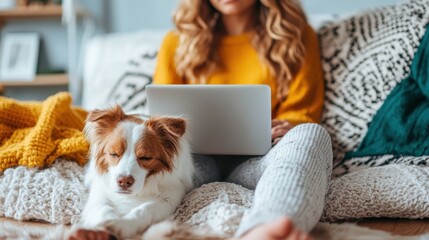 Fototapeta na wymiar A woman wearing a yellow sweater works on a laptop with her dog resting beside her on a cozy, colorful couch, creating a warm and friendly home atmosphere.