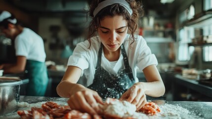 A focused woman preparing dough in a busy kitchen environment, exhibiting determination and concentration while wearing a headband and apron, surrounded by flour.
