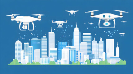 Obraz premium Drones flying over a city skyline.