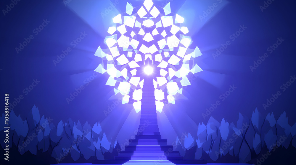 Poster glowing abstract tree with stairs leading up to a bright light, surrounded by abstract shapes in a d