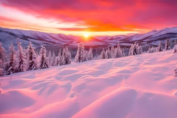 Fototapeten Vibrant sunset over a snow covered landscape deep orange and pink hues, AI Generated © Rabia