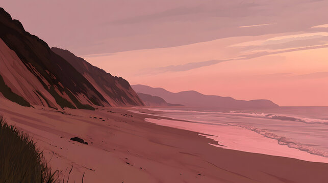 Serene sunset over a sandy beach with rolling hills in the distance.