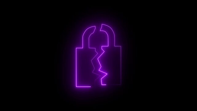 Glowing neon line Broken or cracked lock icon isolated on black background. Unlock sign. 4K Video motion graphic animation...