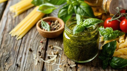 Authentic Italian cuisine: Homemade pesto in small jar with pasta ingredients on wood background.