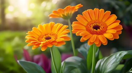Fototapeta premium Three orange gerbera daisies with blurry green background.