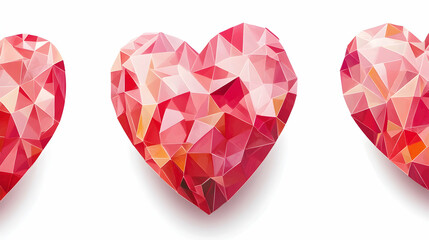 Three red geometric hearts on a white background.