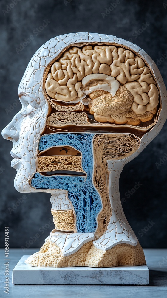 Aufkleber Cross-sectional 3D model of the brain displaying layers and target zones for surgical procedures with copy space for text