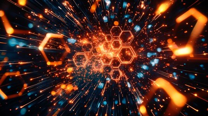 Fototapeta premium Explosion of Vibrant Hexagon Shaped Fireworks in the Night Sky