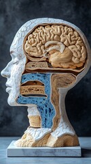 Cross-sectional 3D model of the brain displaying layers and target zones for surgical procedures with copy space for text