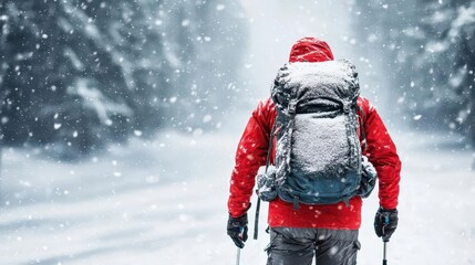 Backpacker trekking through snowstorm, heavy snowfall, sense of endurance in winter wilderness