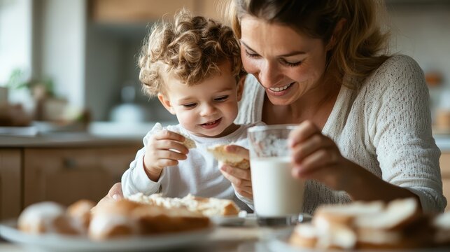 A mother and her child share a joyful breakfast moment, highlighting family bonding and happiness in a cozy kitchen. Both are enjoying bread and milk together.