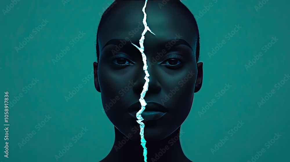 Poster Abstract portrayal of duality with lightning effect on a dark-skinned face