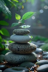 Serene stack of zen stones with a young plant sapling symbolizing balance, growth, and tranquility in a lush natural environment.