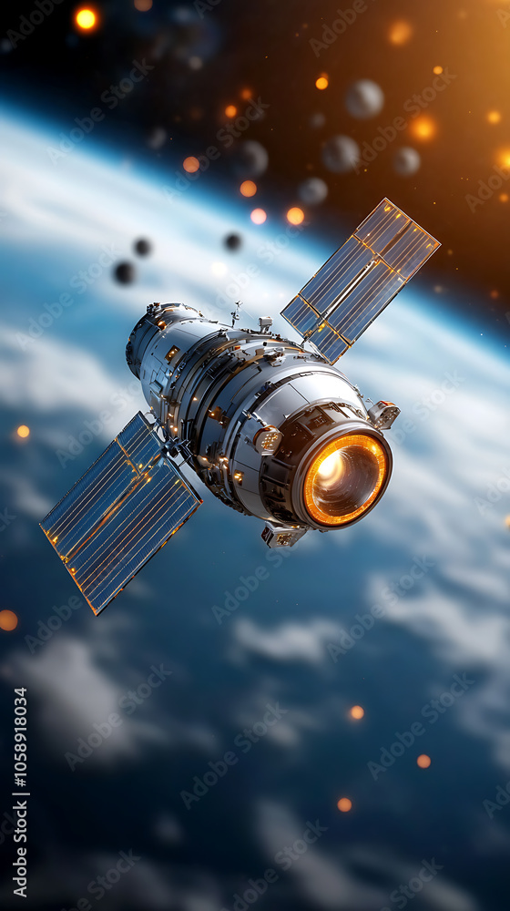 Poster exploring the future a satellite in orbit with holographic data interface amidst cosmic wonders