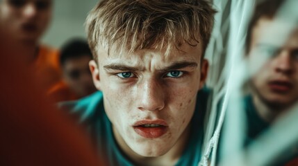 A teen athlete in sports attire concentrates deeply, surrounded by teammates, preparing for an intense match, reflecting youthful determination and focus.