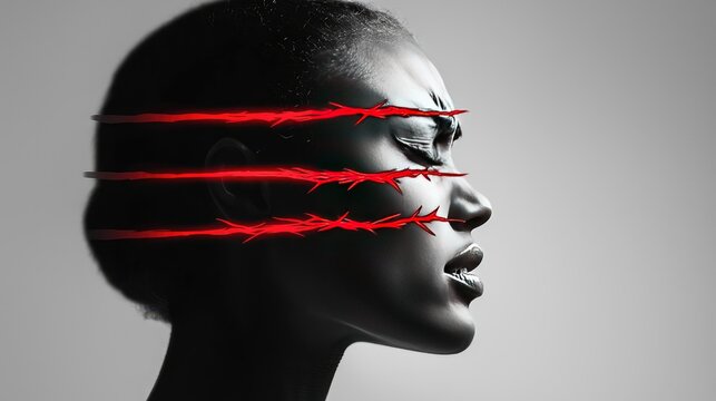 Abstract representation of struggle and emotion with striking red lines across face.