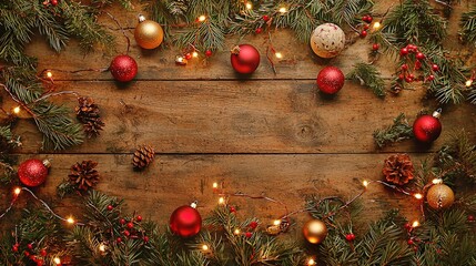 Festive Christmas Ornaments and Arranged on Wooden Background