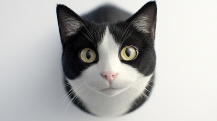 A black and white cat with yellow eyes looks directly at the camera from a hole in a white surface. Generative ai