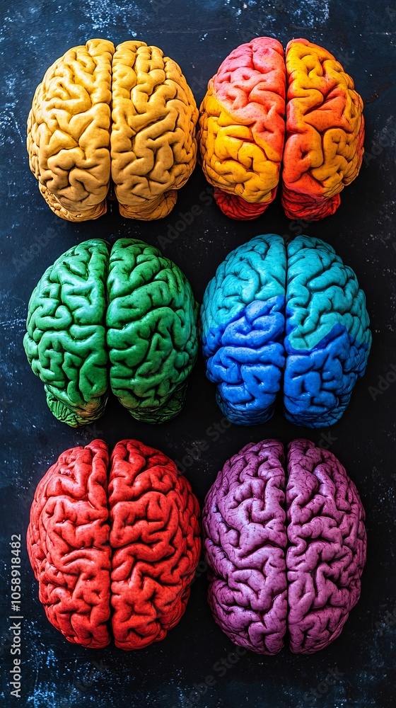 Poster Color-coded brain model displaying areas affected by surgical treatment and recovery paths with copy space for text