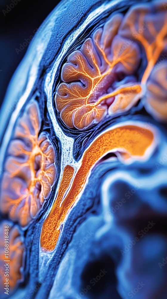 Poster Color-coded brain model displaying areas affected by surgical treatment and recovery paths with copy space for text