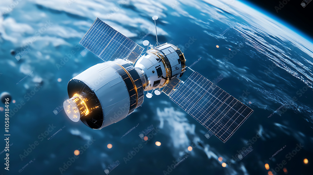 Poster exploring the future of satellite networks advancements in neon data transmission orbiting earth