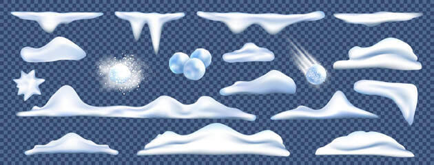 Snow set, snowball snowcap realistic isolated elements. Ground snowdrift, melt hill, icicle ice and snowflakes, frozen surface. Winter cloud powder landscape. White wavy glacier. Vector 3d caps set