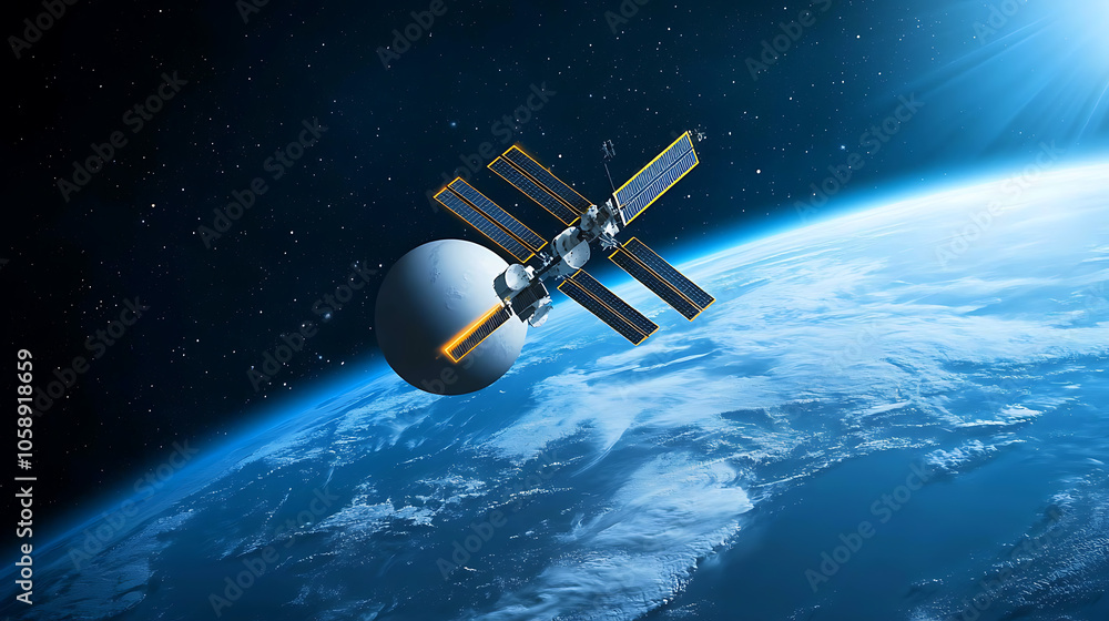 Poster exploring the future of communication satellite networks and neon data transmission in earth orbit