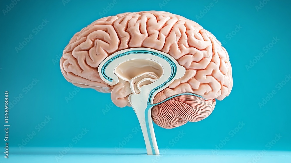Poster Close-up 3D brain model showing neural structures with highlighted surgical incision zones with copy space for text