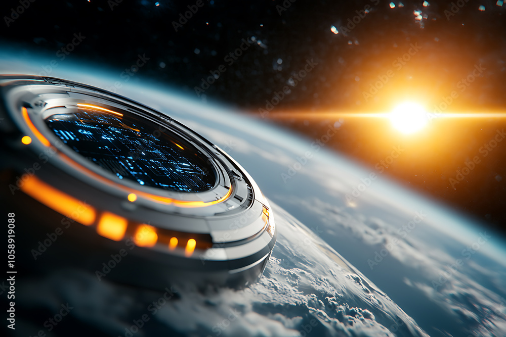 Poster exploring the future a high-tech satellite orbiting earth with advanced sensors and holographic tech