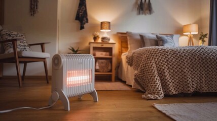Portable electric heater warming up a cozy bedroom with a knitted woolen blanket on the bed in the evening