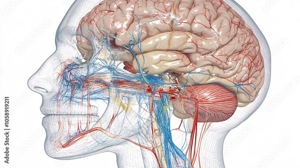 Poster High-resolution 3D brain anatomy showing key regions for neurosurgery and highlighted intervention sites with copy space for text