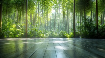 Fototapeta premium Serene Bamboo Forest Pathway with Parking Area and Brick Road for Automotive Advertising
