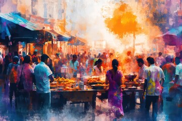 Vibrant scene of people enjoying Holi street food and snacks. 