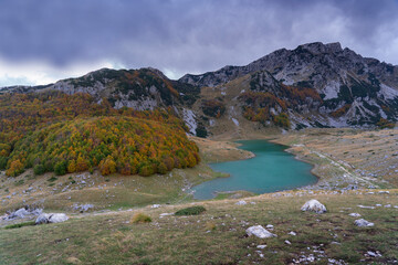 Lake, beautiful colorful forest in the evening - autumn colors in the Durmitor mountains, Zabljak, Montenegro